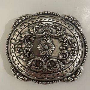 Nocona Silver Floral With Scrollwork & Rhinestones Belt Buckle—Beautiful!! EUC